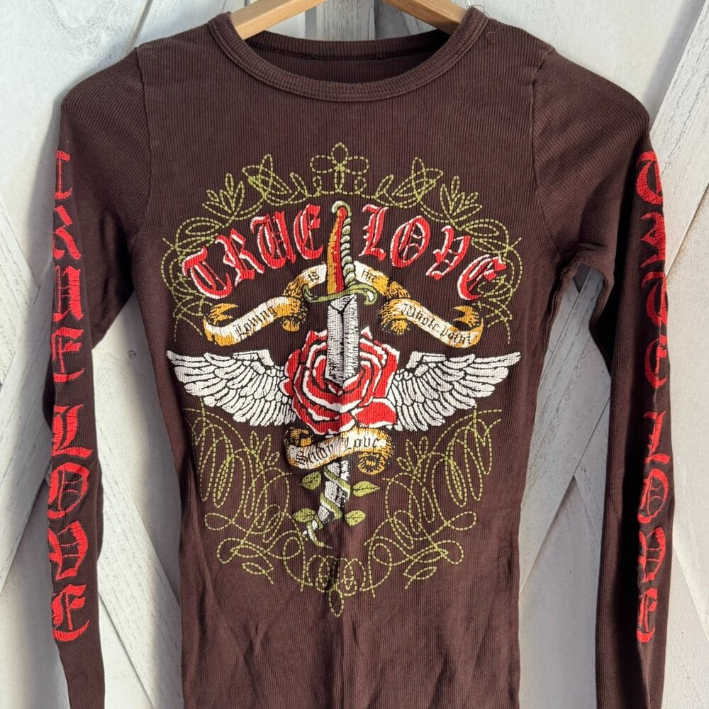 Vocal Apparel Womens Brown True Love Sword Wings Rose Long Sleeve M Medium y2k